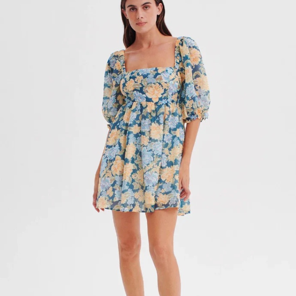 Blue Floral Square-Neck Puff-Sleeve Mini Dress